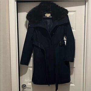 Michael Kors Navy Trench Coat with Fur Collar